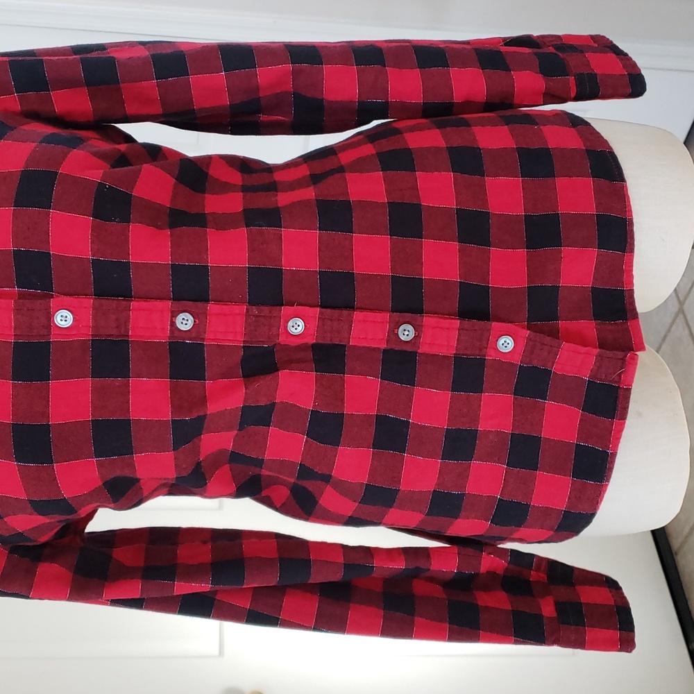 J. CREW FACTORY Buffalo Plaid Ruffle Collar Flannel Shirt Red Black Silver S - Picture 7 of 16